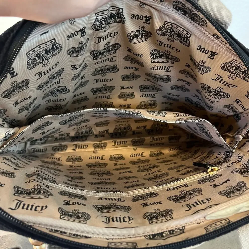Juicy Couture Black velvet beige detail strap computer laptop messenger bag
